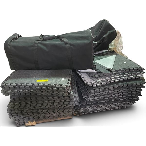 Pallet of Misc Items: Gray Floor Mats, Canopy, & Assorted Boxes