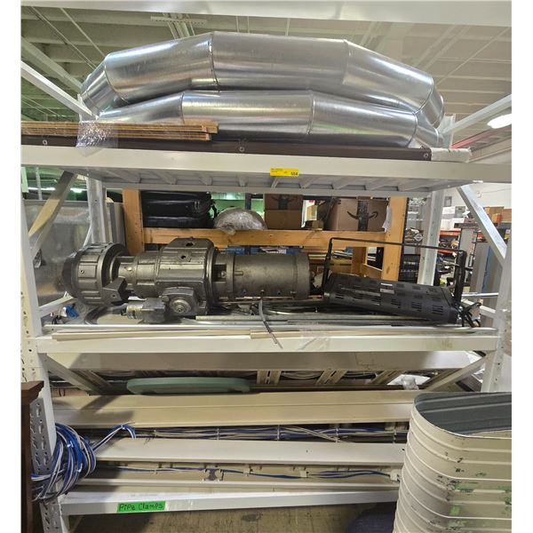 White warehouse racking & contents including ducting, movie prop valve, wire, metal, etc.