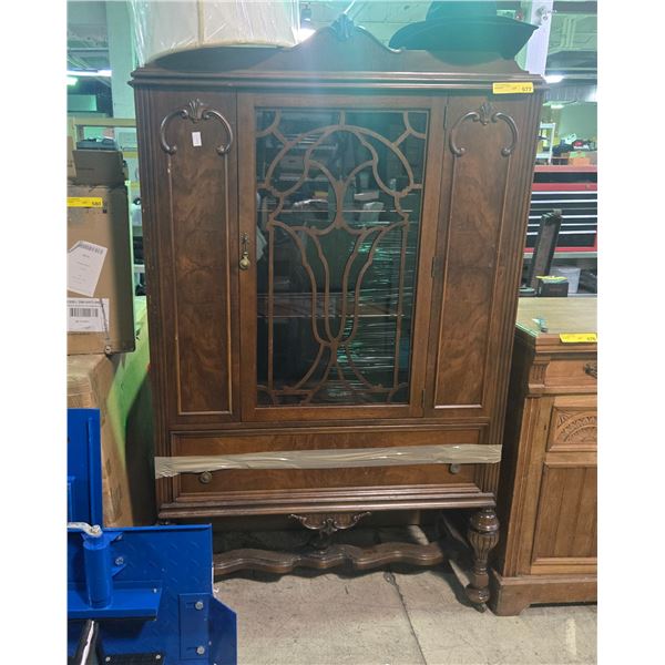 Vintage solid wood china cabinet w/ 3 shelves - 40x15x67"