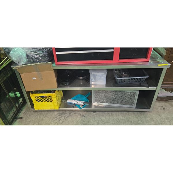 Stainless steel table w/ shelf & contents (Filter, squeegee, cookware, etc.)
