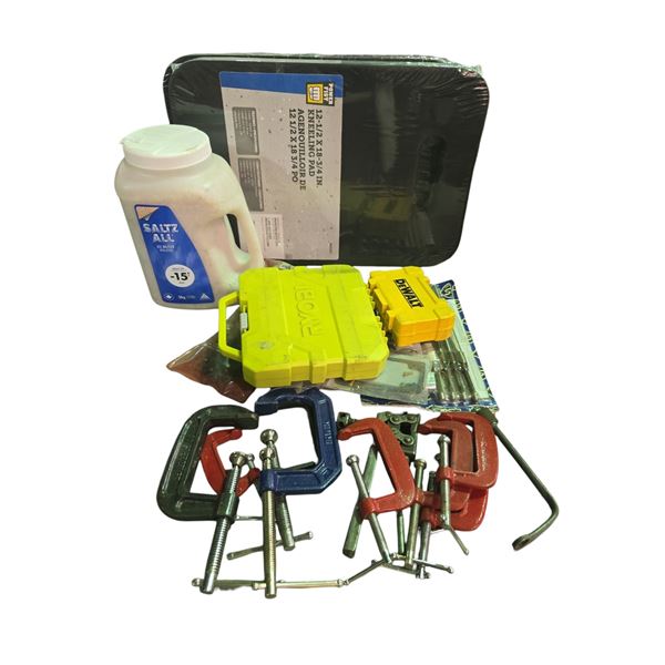 Group of clamps, bits, kneeling pads, etc.