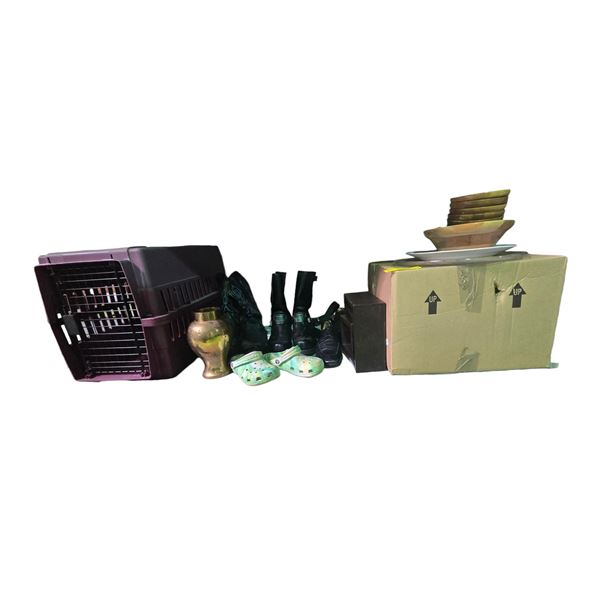 Group - Misc. shoes, pet crate, dishes, etc.