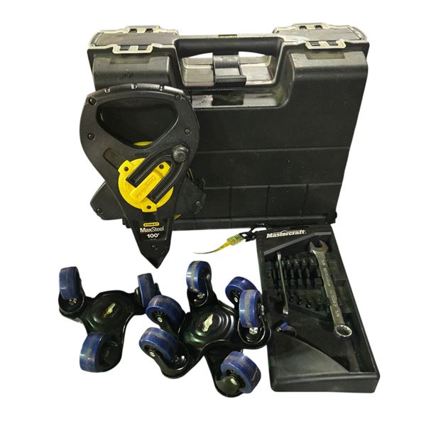 Plastic toolbox, measuring tape, castor dollies, etc.