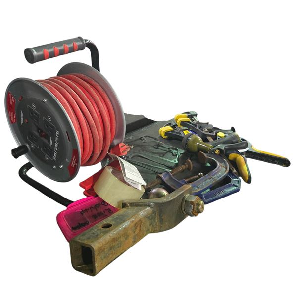 Group - Tow hitch, extension cord reel, clamps, etc.