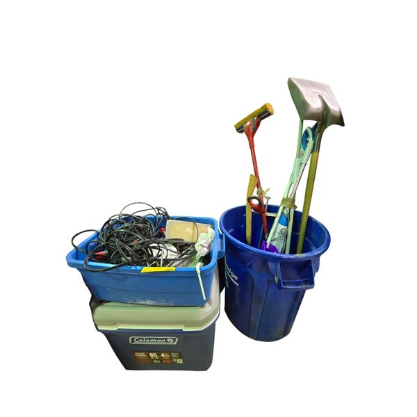 Group - Cooler, extension cords, cleaning tools & bin
