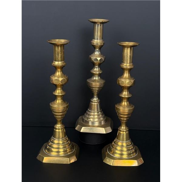 Set of 19th Century Brass Beehive Candlesticks