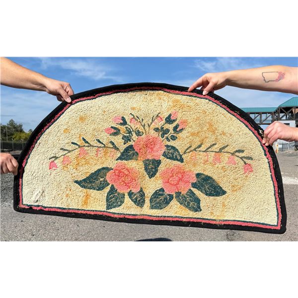 Antique Primitive Flowers Hooked Rug