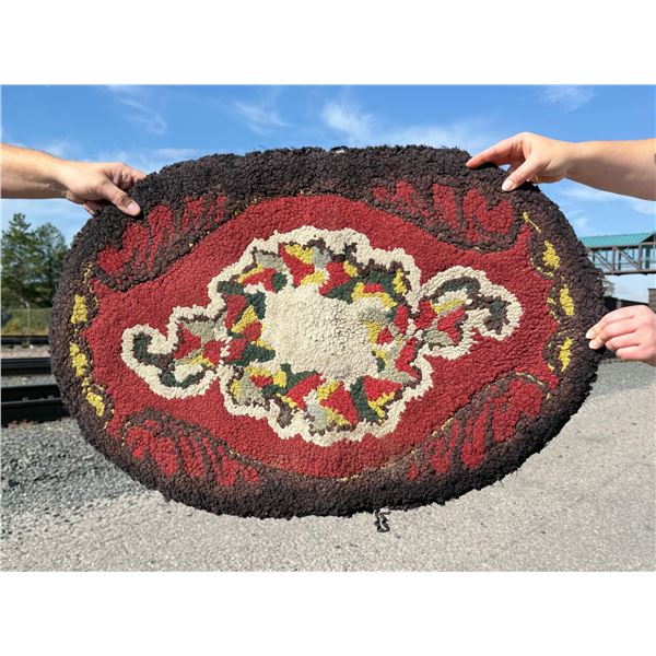 Antique Primitive Flowers Hooked Rug
