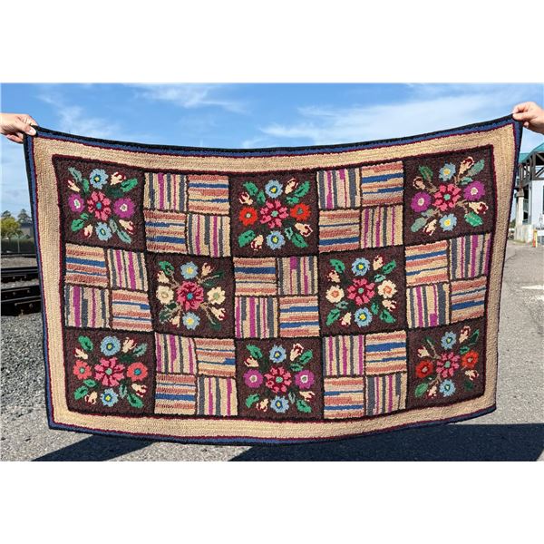 Antique Primitive Flowers Hooked Rug