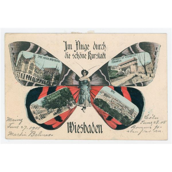 Art Noveau Woman Butterfly Collage German Postcard
