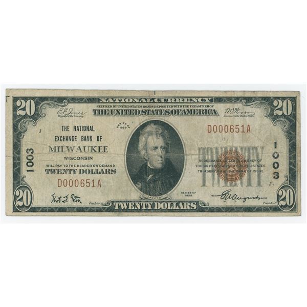 1929 1003 Milwaukee National Bank $20 Note Bill