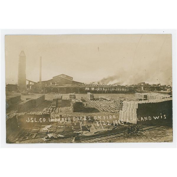 Ashland Wisconsin Lumber Docks on Fire Postcard