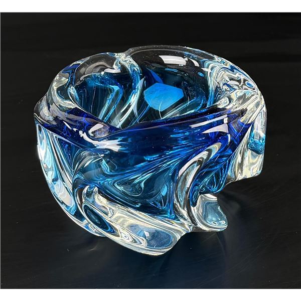 Bohemian Czech Blue Hand Blown Glass Ashtray