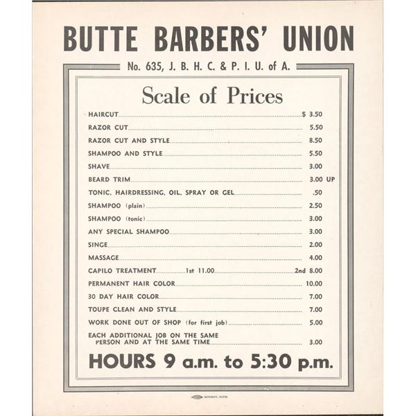 Butte Montana Barbers Union Scale of Prices Sign
