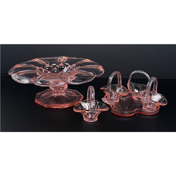 Pink Depression Glass Cake Plate and Baskets