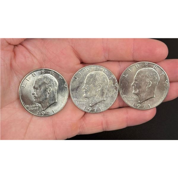 Three 1971 Eisenhower Silver Clad Dollars