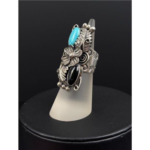 Sterling Silver Turquoise Onyx Floral Ring
