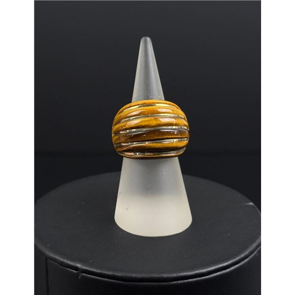 14K Gold Milor Italy Tigers Eye Inlaid Dome Ring