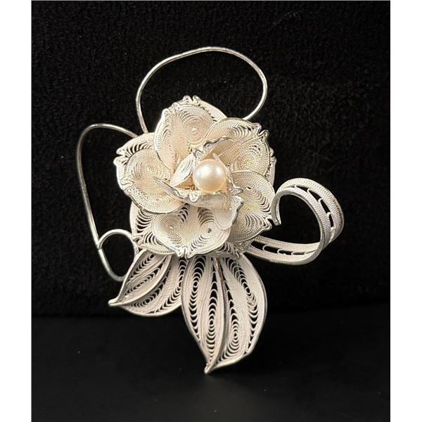 Sterling Silver Filigree Flower Brooch
