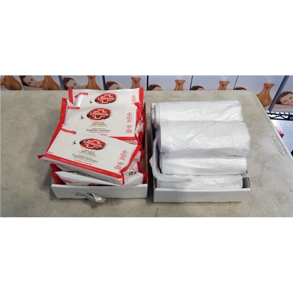 200 VICTORIA BAY PREMIUM QUALITY CAN LINERS. 30" X 38" BAGS, AND TRAY OF LIFE BUOY WET WIPES