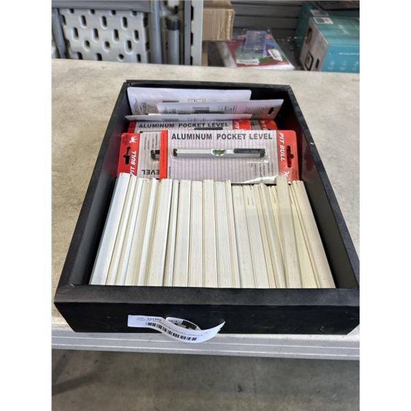 TRAY OF ALUMINNUM POCKET LEVELS & CARPENTER PENCILS