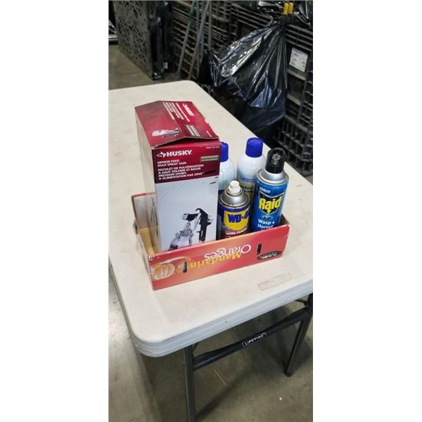 HUSKY SIPHON FEED HVLP SPRAY GUN,2 CANS GLASS CLEANER, CAN WD-40 AND CAN OF RAID
