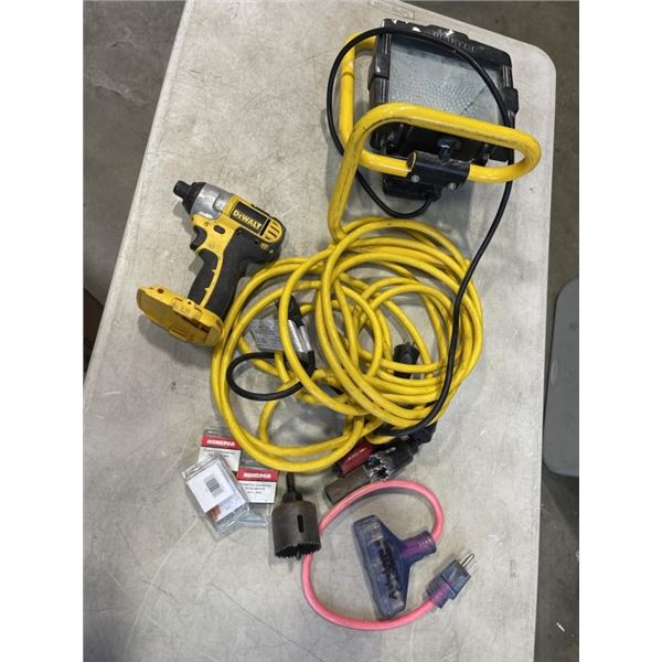 TRAY OF TOOLS INCLUDING DEWALT CORDLESS IMPACT DRIVER, TRAILBLAZER WORKLIGHT, 3 OUTLET EXTENSION COR
