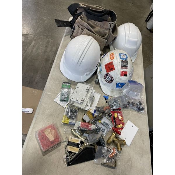 BOX WITH 3 HARDHATS, TOOLBAG, AND BOXES OF SCREWS