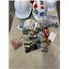 Image 4 : BOX WITH 3 HARDHATS, TOOLBAG, AND BOXES OF SCREWS