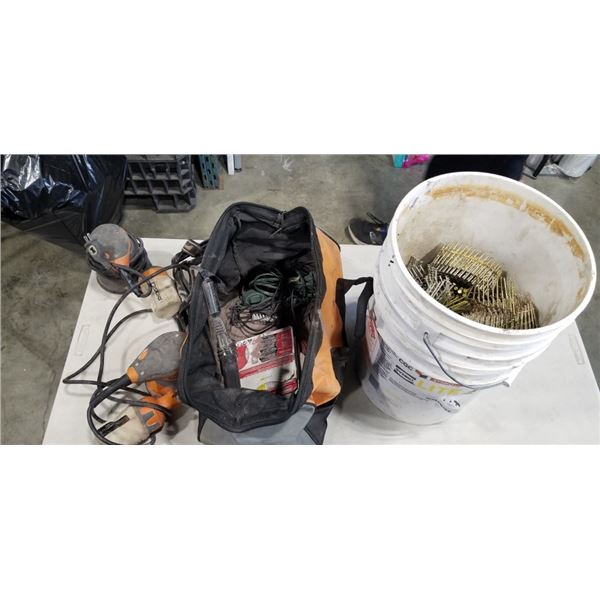 2 RIDGID SANDERS IN RIDGID WORK BAG, AND BUCKET OF COIL NAILS