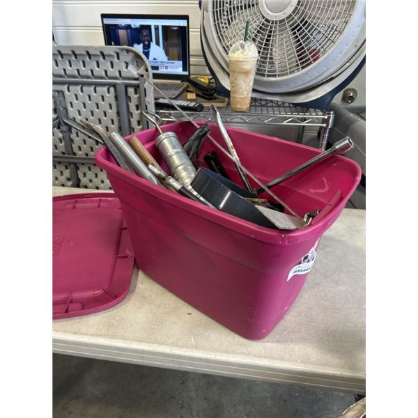 BIN OF TOOLS INCLUDING HAMMERS, CROWBARS, CORDED DRILL, TORQUE WRENCH ETC