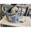 Image 1 : PLASTIC TOTE OF FLOAT TUBE, CHEST WADDERS, FISHING NET, FISHING BOX WITH CONTENTS ETC