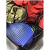 Image 4 : PLASTIC TOTE OF FLOAT TUBE, CHEST WADDERS, FISHING NET, FISHING BOX WITH CONTENTS ETC