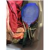 Image 5 : PLASTIC TOTE OF FLOAT TUBE, CHEST WADDERS, FISHING NET, FISHING BOX WITH CONTENTS ETC