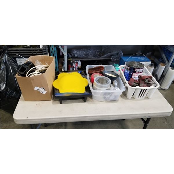 BOX OF CONSTRUCTION TOOLS INCLUDING BENCH VICE, ASSORTED ELECTRICAL,  RECEIVER HITCH, CABLES, TAPE, 