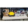 Image 1 : BOX OF CONSTRUCTION TOOLS INCLUDING BENCH VICE, ASSORTED ELECTRICAL,  RECEIVER HITCH, CABLES, TAPE, 