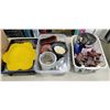 Image 2 : BOX OF CONSTRUCTION TOOLS INCLUDING BENCH VICE, ASSORTED ELECTRICAL,  RECEIVER HITCH, CABLES, TAPE, 