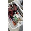 Image 4 : BOX OF CONSTRUCTION TOOLS INCLUDING BENCH VICE, ASSORTED ELECTRICAL,  RECEIVER HITCH, CABLES, TAPE, 