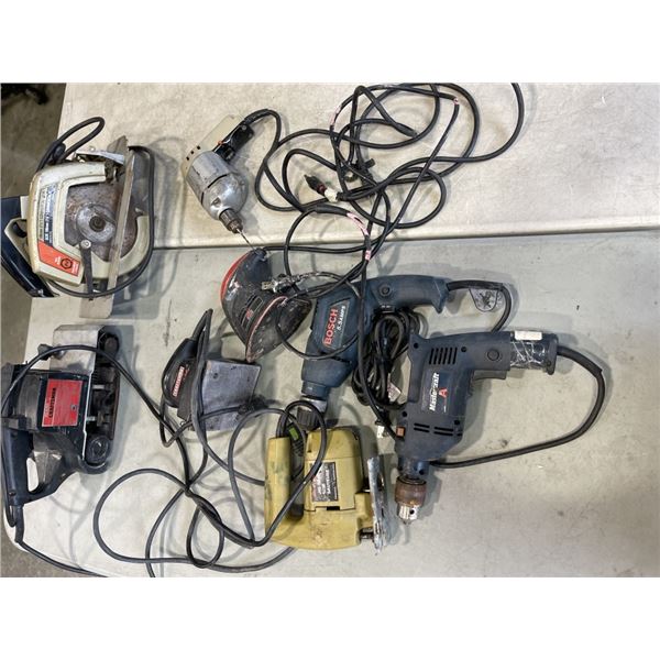 PLASTIC TOTE OF POWER TOOLS INCLUDING CIRCULAR SAWS, DRILLS, JIG SAWS, SANDERS ETC. WORKING