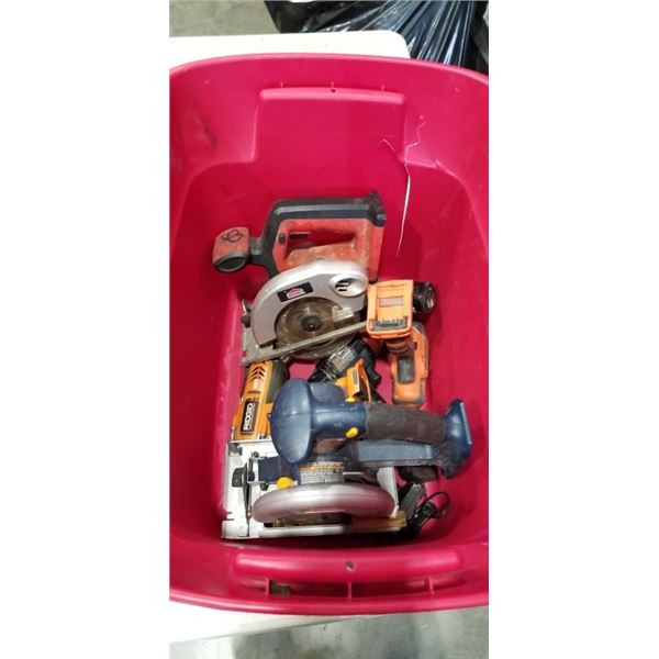 PLASTIC TOTE OF TOOL INCLUDING JOBMATE AND RYOBI CIRCULAR SAWS