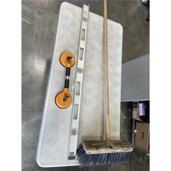 LEVEL, WOODEN BROOM AND DOUBLE SUCTION CUP LIFTER