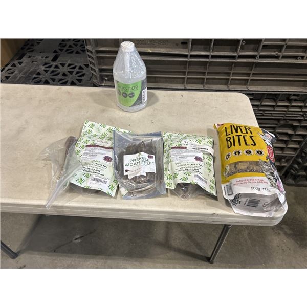 3 PACKS PREKESE AIDEN FRUIT, CHEWMASTERS LIVER BITES, FOG BOG, AND DOG BONE