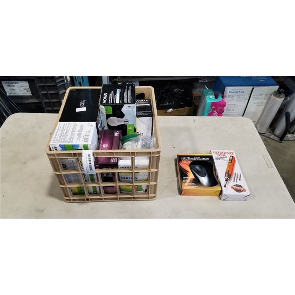 NEW DIY ROTARY TOOL AND CRATE OF NEW ASSORTED LIGHT BULBS