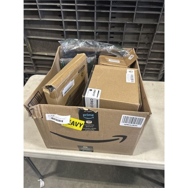 BOX OF AMAZON OVERSTOCK INCLUDING CMYBABEE BLACK TONER CARTRIDGE FOR CANON, DALTACK 3 TIER DESK FILE