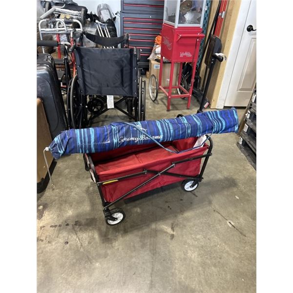 RED FOLDING LUGGAGE CART AND TOMMY BAHAMA UMBRELLA