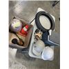 Image 1 : BOX OF ITEMS INCLUDING COLEMAN COOLER, RUBBER WHEEL, HARD HATS, TRAFFIC CONE, BASEBALL GLOVE, BUCKET