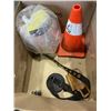 Image 2 : BOX OF ITEMS INCLUDING COLEMAN COOLER, RUBBER WHEEL, HARD HATS, TRAFFIC CONE, BASEBALL GLOVE, BUCKET