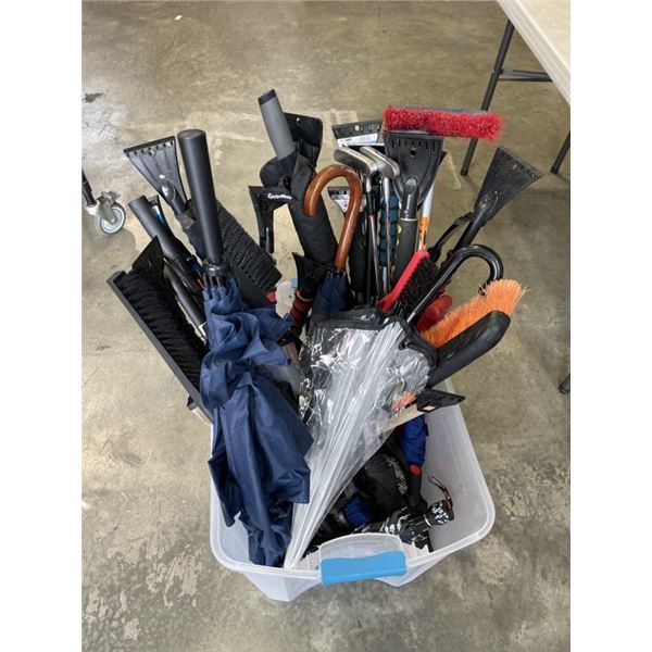 PLASTIC TOTE OF ICE SCRAPPERS AND UMBRELLAS