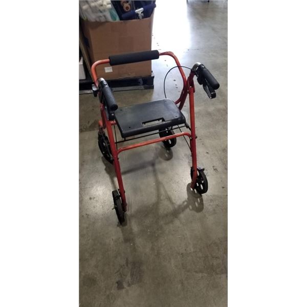 RED FOUR WHEEL ROLLATOR WALKER WITH SEAT & HAND BRAKES