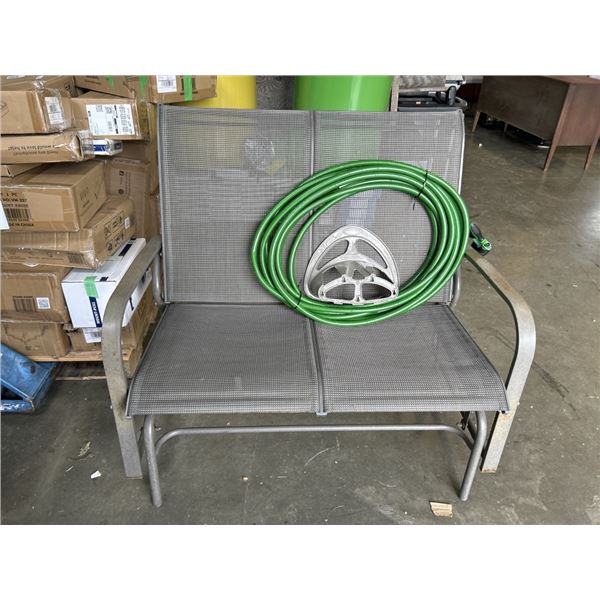 METAL PATIO GLIDER LOVESEAT, GARDEN HOSE WITH SPRAYER AND HOSE HANGER